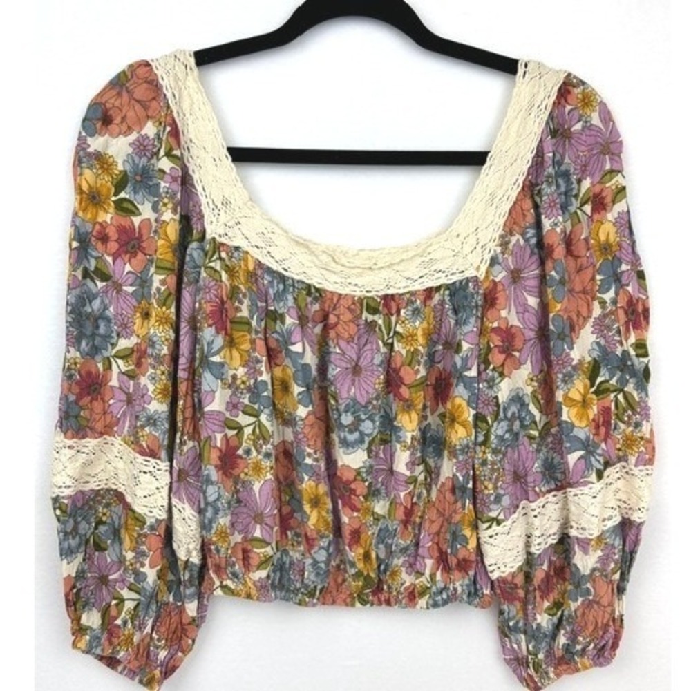 Angie Floral Crochet Trim Crop Top Long Sleeve Boho Blouse Multicolor Size L